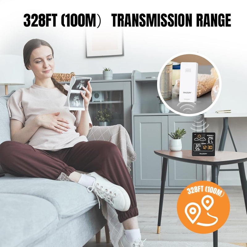 Raddy WF-50V Indoor Outdoor Thermometer Hygrometer, Wireless Weather Station Temperature & Humidity Monitor with 5.0’’ VA Display, USB-C Powered, Weather Forecast, Wireless Remote Sensor (Black) - Image 3